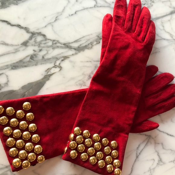 Vintage Accessories - Vintage red suede gold studded Anne Klein gloves